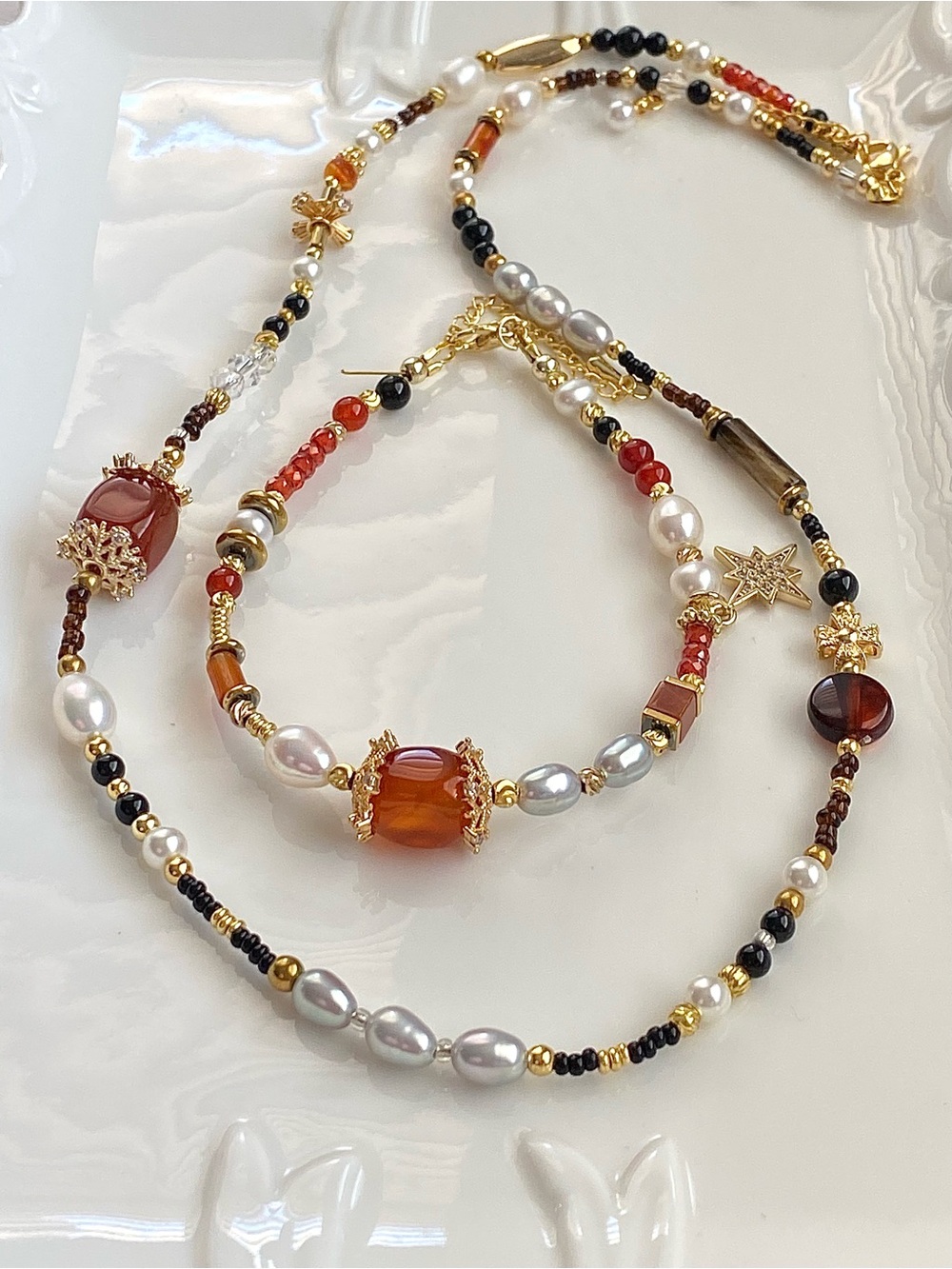 GP85-Handmade Red Agate, Obsidian, Tiger’s Eye  And Pearl Necklace Bracelet Set